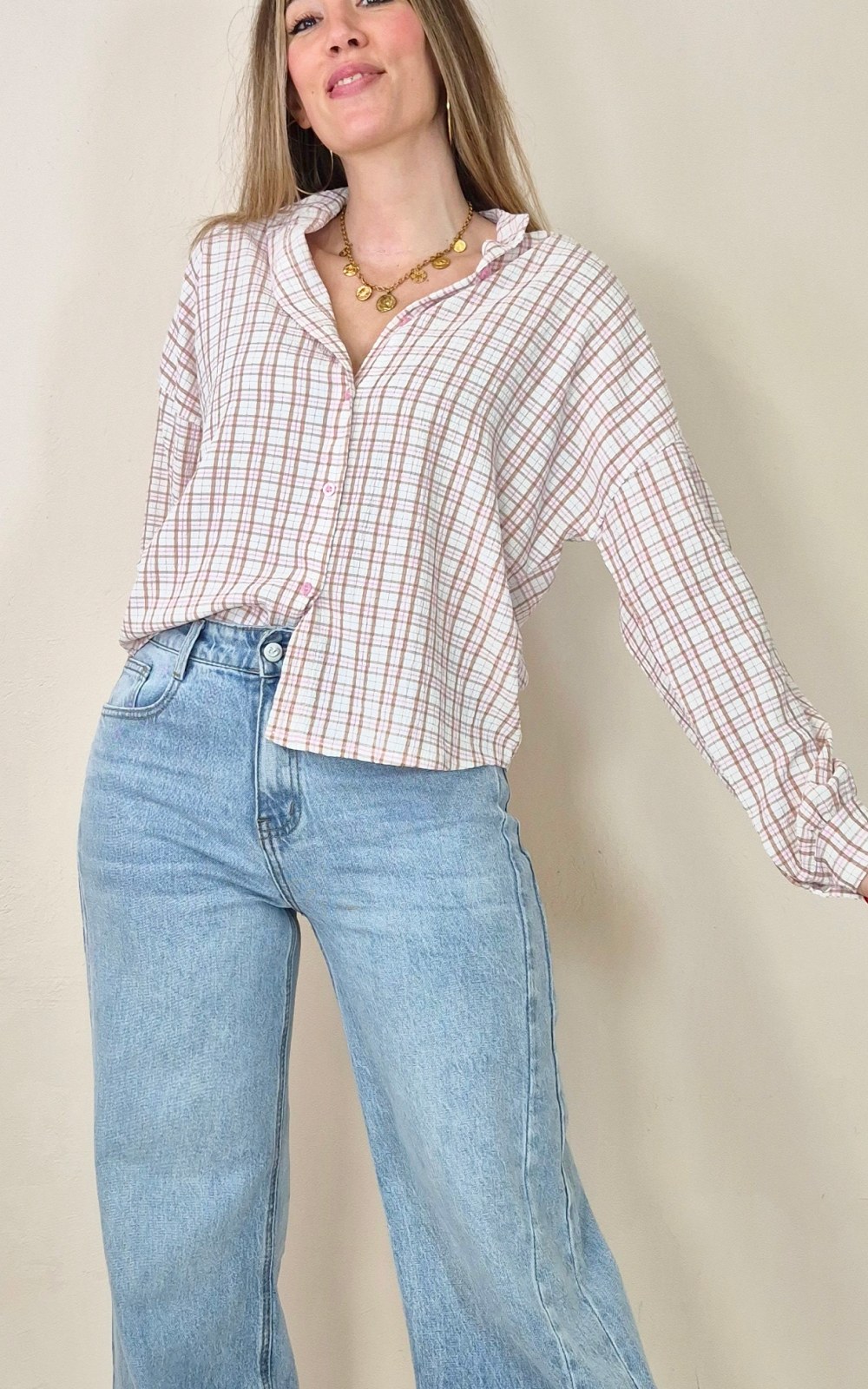 camisa cuadros camel y rosa