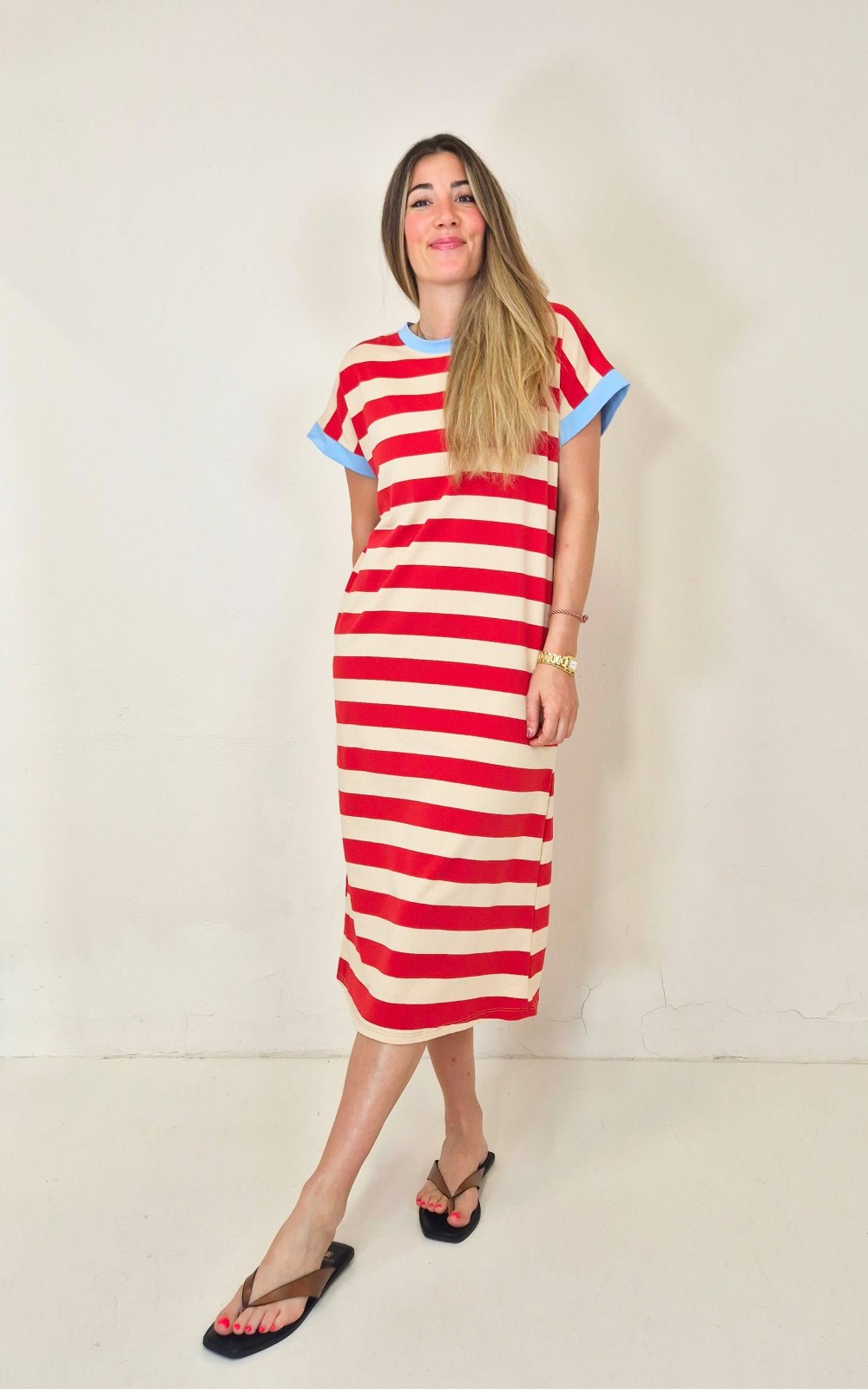 VESTIDO LARGO MANGA CORTA RAYA ROJA Y CREMA